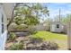 Fenced backyard featuring a storage shed, green lawn, and mature shade trees at 930 40Th Ne Ave, St Petersburg, FL 33703