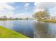 Scenic view of a wide lake bordered by lush green grass and mature trees under a blue, cloudy sky at 1816 N Pebble Beach Blvd, Sun City Center, FL 33573