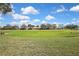 Expansive backyard view with lush green grass, mature trees, and the neighborhood in the distance at 18951 Grand Club Dr, Hudson, FL 34667