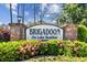 Charming neighborhood entrance sign with beautiful landscaping and curb appeal at 16519 Brigadoon Drive, Tampa, FL 33618