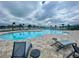 Inviting community pool surrounded by palm trees, lounge chairs, and a scenic lake view at 8438 Wheat Stone Dr, Zephyrhills, FL 33540