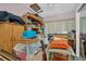 A cluttered closet with storage shelves and various stored belongings at 1434 Glengarry Dr, Palm Harbor, FL 34684