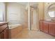 Bathroom with a soaking tub and glass enclosed shower, all accented by decorative tiling and warm lighting at 15708 Oakleaf Run Dr, Lithia, FL 33547