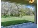 Serene backyard view from the covered patio, showcasing lush greenery and mature trees at 17014 Oval Rum Dr, Wimauma, FL 33598