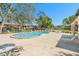 Kidney-shaped pool surrounded by lounge chairs, mature trees, and a fenced in area at 1844 Bough Ave # C, Clearwater, FL 33760