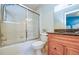 Bathroom with a shower/bath combo, granite counters, and tiled flooring at 2982 Estancia Pl, Clearwater, FL 33761