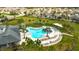 Aerial view of a community pool with palm trees, lounge chairs, and a water slide at 29922 Marquette Ave, Wesley Chapel, FL 33545