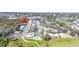 Aerial view showcasing the community layout and the location of homes near the pool and amenities at 585 Sky Harbor Dr # 416, Clearwater, FL 33759