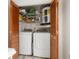 Inside laundry closet with stacked washer and dryer, plus shelving for storage at 7703 Rockville Ct # 0, New Port Richey, FL 34654