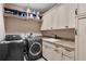 Laundry room with granite countertops, a sink, modern appliances, and overhead storage at 9902 Menander Wood Ct, Odessa, FL 33556