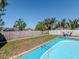 Backyard pool surrounded by greenery, lawn and a wooden fence under a clear blue sky at 7413 Hancock St, Riverview, FL 33578