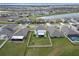 Aerial view of a home with a spacious, fenced-in backyard with a screened-in porch at 8658 Parsons Hill Blvd, Wesley Chapel, FL 33545