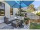 Serene back patio featuring a comfortable outdoor seating arrangement and blue umbrella at 992 San Carlos Ne Ct, St Petersburg, FL 33702