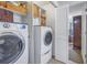 Well-organized laundry room with front-load washer and dryer, shelving, and storage baskets at 992 San Carlos Ne Ct, St Petersburg, FL 33702