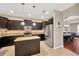 Modern kitchen features dark cabinets, granite countertops, an island and stainless steel appliances at 10218 Summer Azure Dr, Riverview, FL 33578