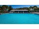 Community pool with lounge chairs and tables surrounded by mature landscaping and building under clear blue skies at 1182 Pine Ridge W Cir # B1, Tarpon Springs, FL 34688