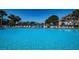 Community pool with lake view and lounge chairs surrounded by mature landscaping under clear blue skies at 1182 Pine Ridge W Cir # B1, Tarpon Springs, FL 34688