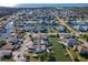 A scenic aerial view showcases a waterfront neighborhood with canal access to the open bay at 7309 Islander Ln, Hudson, FL 34667