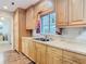 Well-lit kitchen area featuring ample cabinetry, a double sink, and view of outdoor space at 835 Oakmont Ave, Sun City Center, FL 33573