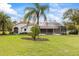 Backyard featuring a well-manicured lawn, palm trees, and screened lanai with swimming pool at 30 Stanton Cir, Oldsmar, FL 34677
