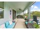 Outdoor patio with ceiling fan, seating area, and a view of the lush greenery and blue skies at 12503 Candleberry Cir, Tampa, FL 33635