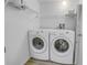 Functional laundry room features a washer, dryer, and wire shelving for organized storage at 2402 W Azeele St # 423, Tampa, FL 33609