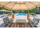 Relaxing community pool area featuring lounge chairs and cabanas for shade on a sunny day at 2402 W Azeele St # 423, Tampa, FL 33609