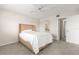 Relaxing bedroom with carpet floors, a ceiling fan, and convenient access to the bathroom at 8141 Aquila St # 322, Port Richey, FL 34668