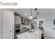 Modern kitchen with island, pendant lights, stainless appliances, and sleek gray cabinetry at 5850 Silverside Pine Ct, Bradenton, FL 34211