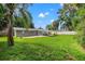 Lush backyard with a spacious, well-maintained lawn, mature trees, covered patio, and a private outdoor space at 1180 Eden Isle Ne Blvd, St Petersburg, FL 33704