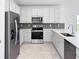 Well-equipped kitchen featuring stainless steel appliances, ample counter space, and contemporary white cabinetry at 134 Jade St, Rotonda West, FL 33947
