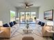 Bright living room featuring stylish sofas, rug, and sliding glass doors to the backyard at 134 Jade St, Rotonda West, FL 33947