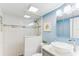 Beautiful bathroom featuring blue walls, modern fixtures, vessel sink, and a tiled shower with a glass enclosure at 1015 Coldstream Ct, Tarpon Springs, FL 34689