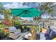 Outdoor deck area with comfortable seating, a large umbrella, and lush tropical plants at 1015 Coldstream Ct, Tarpon Springs, FL 34689