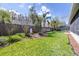 Fenced backyard offers a well-maintained lawn and mature trees for optimal shade and privacy at 4313 Brooke Dr, Valrico, FL 33594