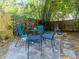 Cozy backyard sitting area with stone patio, featuring comfortable chairs and surrounded by bamboo and lush greenery at 5029 29Th S Ave, Gulfport, FL 33707