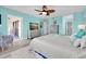 Inviting bedroom with light blue walls, a ceiling fan, and a large window overlooking the balcony at 3111 Pass A Grille Way # 213, St Pete Beach, FL 33706