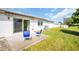 Back patio with seating and a well maintained lawn at 3401 Stonehaven E Ct # A, Palm Harbor, FL 34684