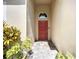 An inviting front entrance highlighting a vibrant red door, stone walkway, and lush green plantings at 924 Peregrine Hill Pl, Ruskin, FL 33570