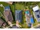 Aerial view showcasing a well-maintained property with lush green lawns, a pool, and pristine landscaping at 19476 Paddock View Dr, Tampa, FL 33647