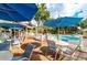 Relaxing pool area with blue umbrellas, lounge chairs, and well-maintained wood deck overlooking the community pool at 8647 Mallard Reserve Dr # 104, Tampa, FL 33614