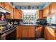 View of the kitchen, featuring wood cabinets, stainless appliances, and blue countertops at 12005 Wren Ct, New Port Richey, FL 34654