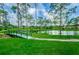 Scenic view of a community pond with a green bridge and lush landscaping, perfect for relaxing walks at 2446 Bentley Dr, Palm Harbor, FL 34684