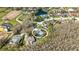 Aerial view of a residential area with homes, pools, and a horse pasture surrounded by bare trees at 3137 Valemoor Dr, Palm Harbor, FL 34685