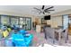 Inviting covered patio featuring a comfortable seating area, bar with granite countertop, dining space, and an outdoor television at 3137 Valemoor Dr, Palm Harbor, FL 34685