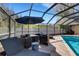 Enclosed backyard pool with a seating area for relaxation and shaded comfort at 3137 Valemoor Dr, Palm Harbor, FL 34685