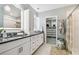 Bathroom with double vanity, granite countertop, decorative mirrors, lighting and walk-in closet at 8887 Little Bluestem Dr, Land O Lakes, FL 34637