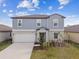 Charming two-story home showcasing a well-maintained lawn, attached garage, and inviting entryway at 8887 Little Bluestem Dr, Land O Lakes, FL 34637