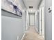 Inviting hallway with neutral carpet, contemporary art, and white doors at 8887 Little Bluestem Dr, Land O Lakes, FL 34637