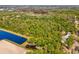 Aerial view of property bordered by mature trees and serene lakes in a tranquil setting at 920 E Lake Dr, Tarpon Springs, FL 34688